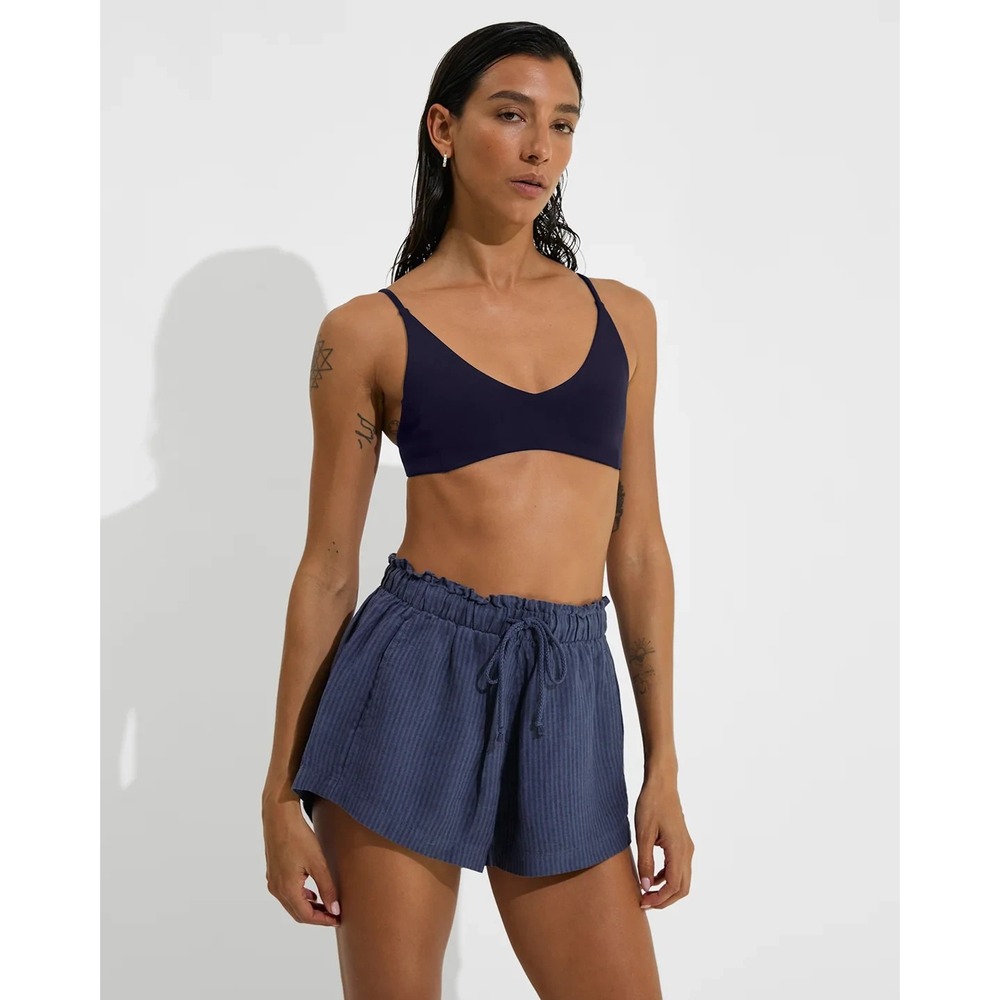 Left On Friday Getaway Short Blue Linen High Rise Drawstring Relaxed Fit S